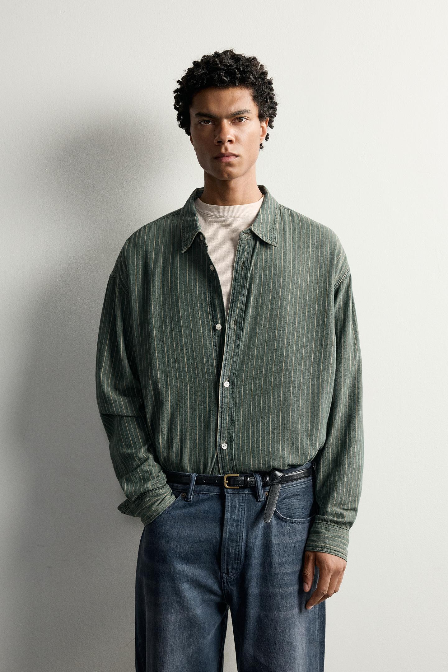 Мужская рубашка Zara Relaxed Fit Striped, цвет: Зелёный / Синий — фото 2
