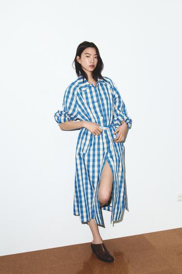 Zara Gingham Plaid Trench Coat - Blue / White