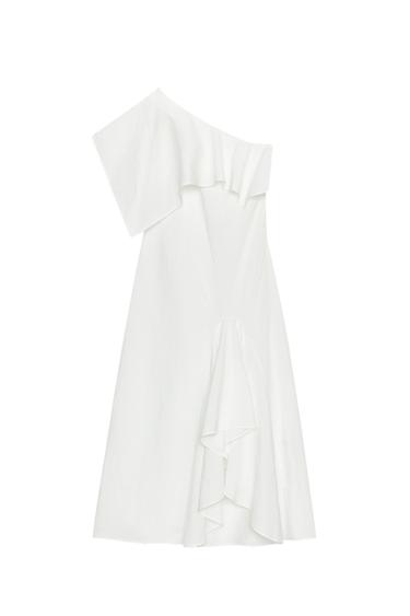 ZW COLLECTION ASYMMETRIC LINEN BLEND DRESS WITH RUFFLES - Oyster-white by Zara