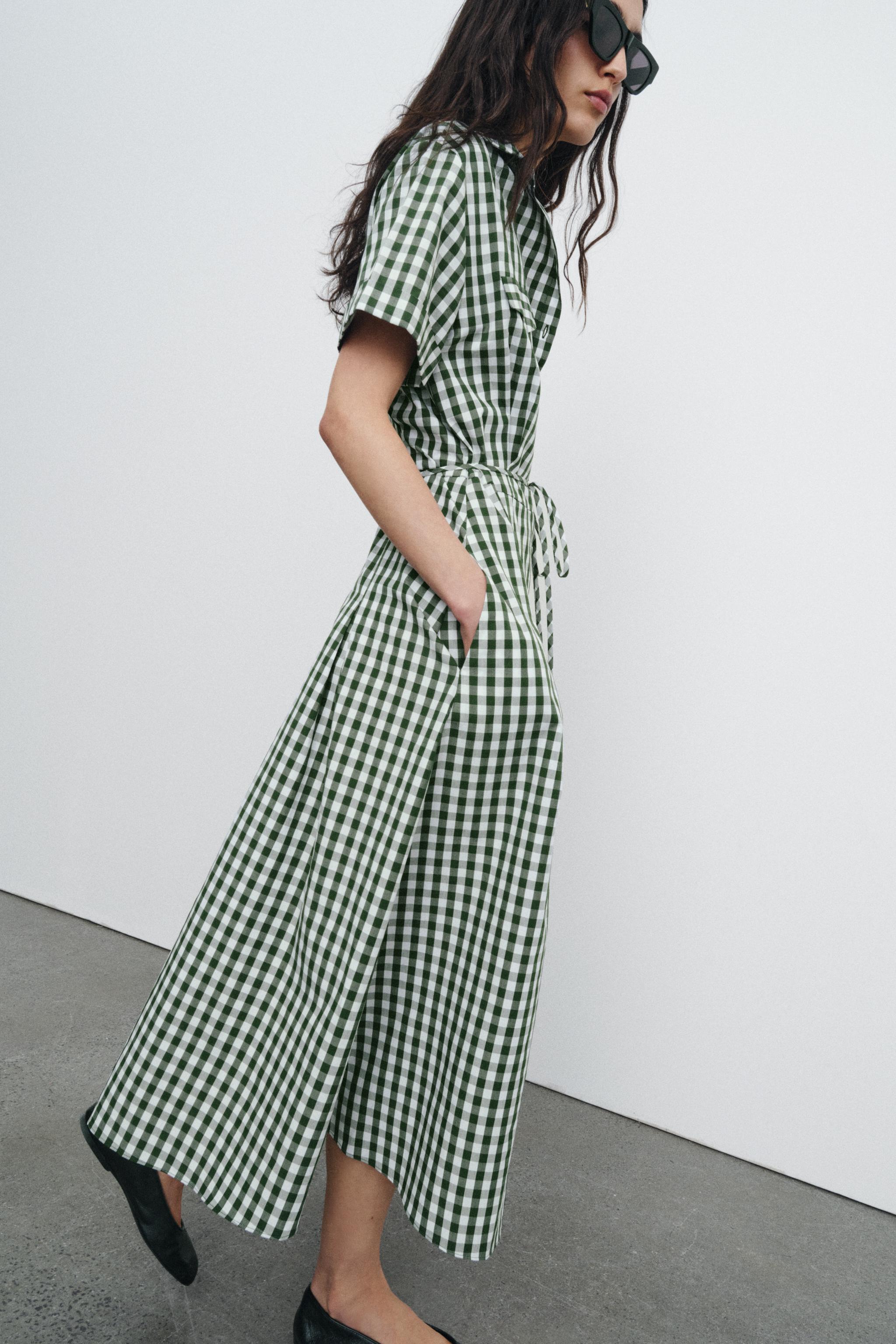 GINGHAM CHECK SHIRT DRESS ZW COLLECTION - Green | ZARA Canada