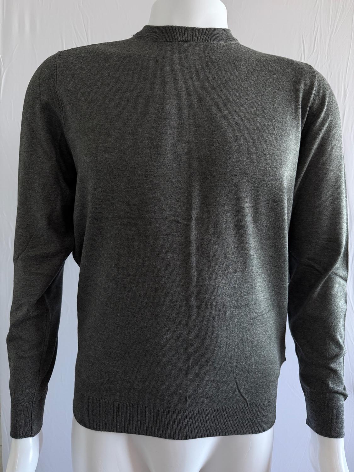 Gray long-sleeved, crew neck sweater on a white mannequin against a light background.