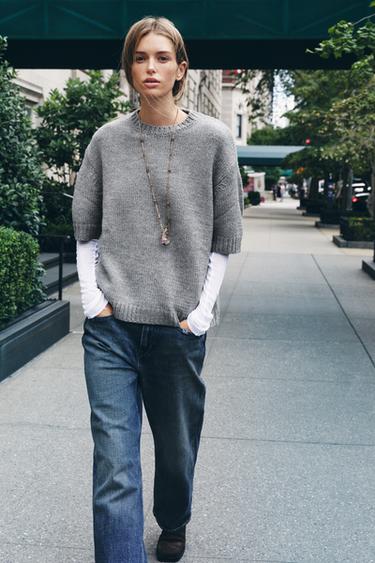 OVERSIZED KNIT SHORT SLEEVE SWEATER - Grey marl by Zara - Image 0