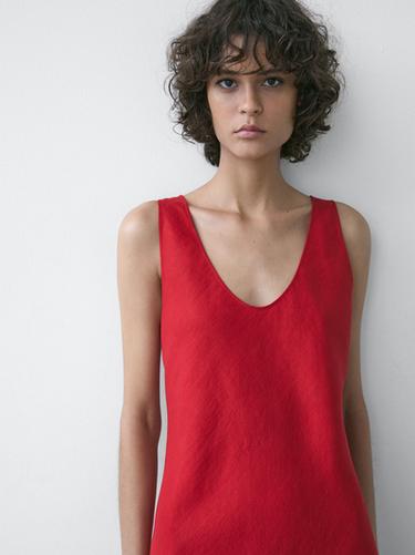 Robe midi à bretelles en lin - Rouge de Zara