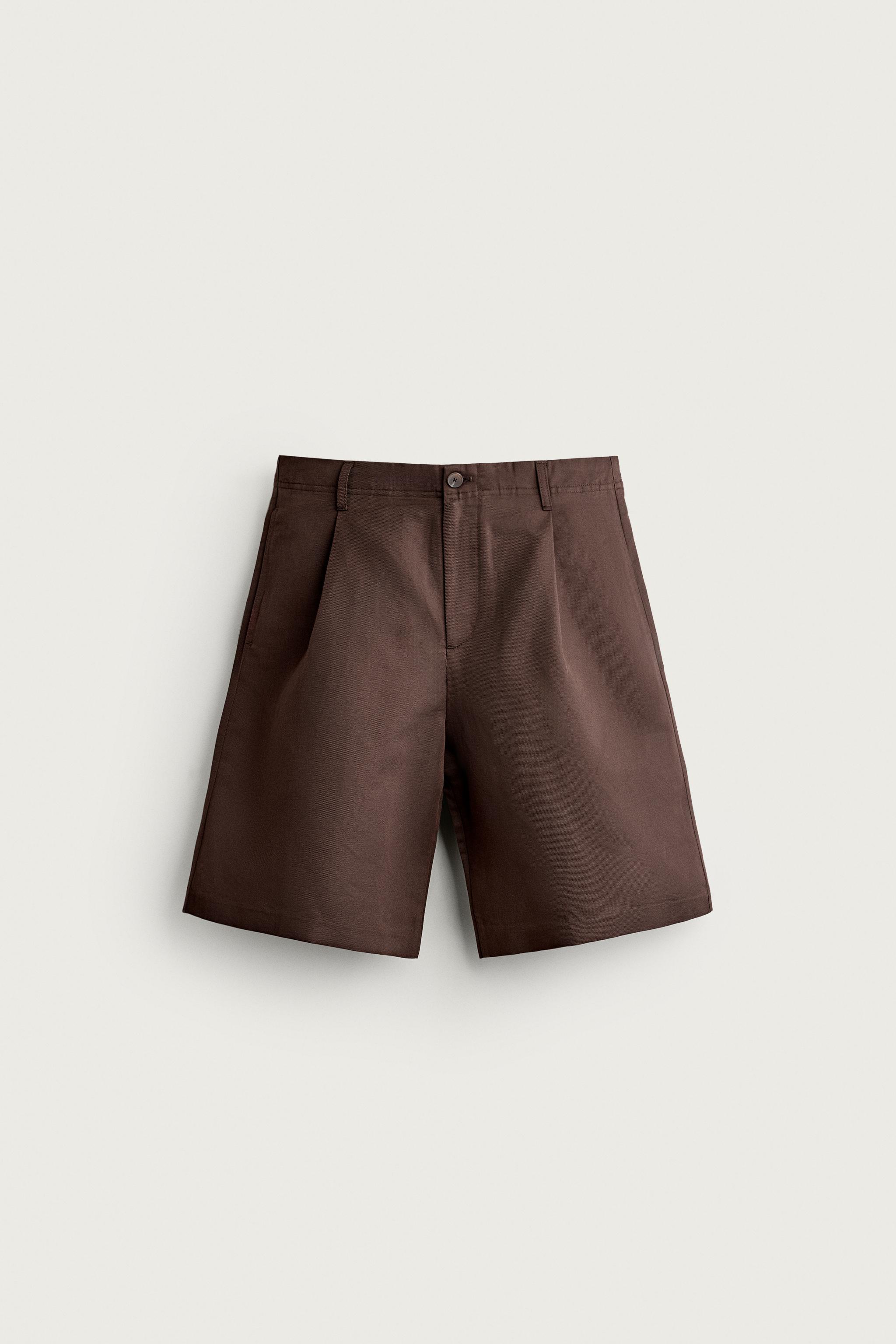 LINEN-COTTON RELAXED-FIT PLEATED BERMUDA SHORTS
