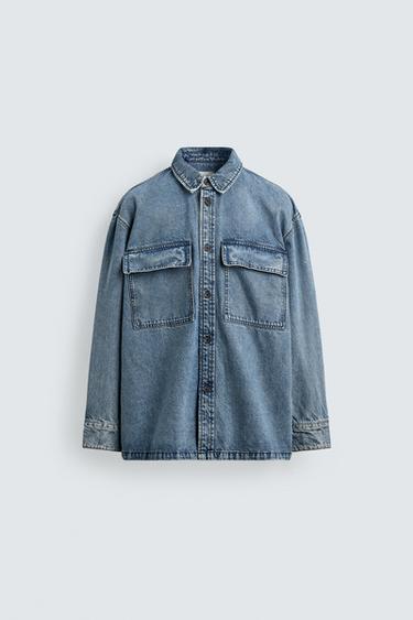 Zara WASHED DENIM POCKET OVERSHIRT - Light blue