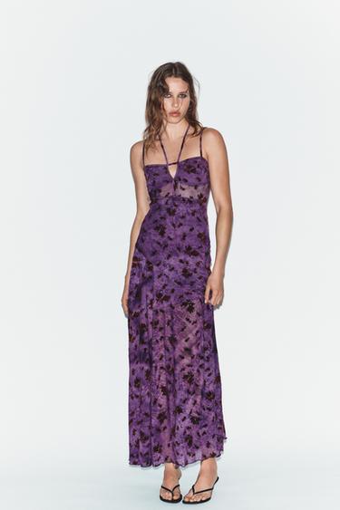 VESTIDO LARGO TUL FLOCADO - Morado de Zara