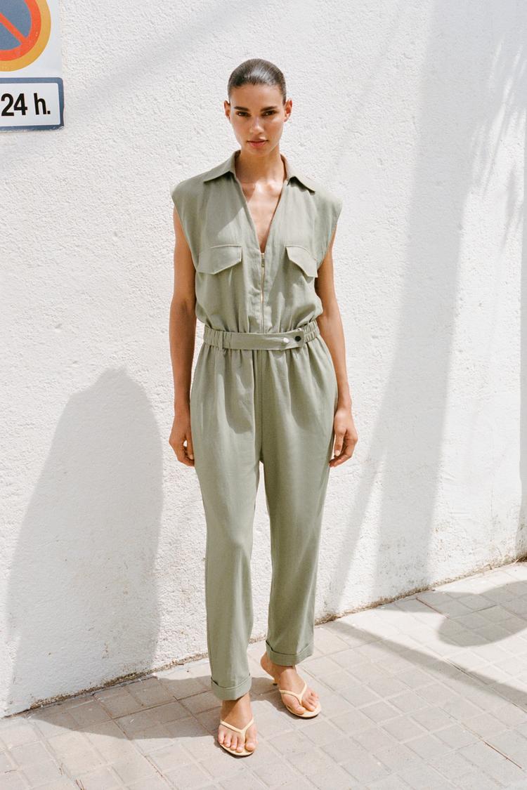 LINEN BLEND BELTED JUMPSUIT Light khaki ZARA Ireland