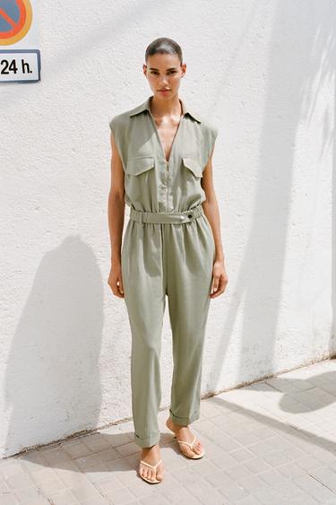 MONO LARGO CINTURÓN CON LINO - Khaki claro de Zara