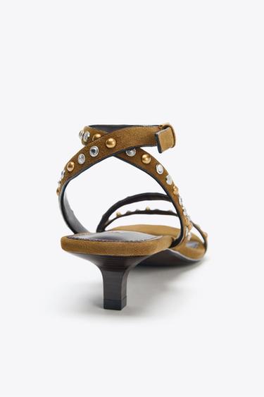SPLIT SUEDE STUDDED KITTEN HEEL SANDALS - Olive Green by Zara - Image 4