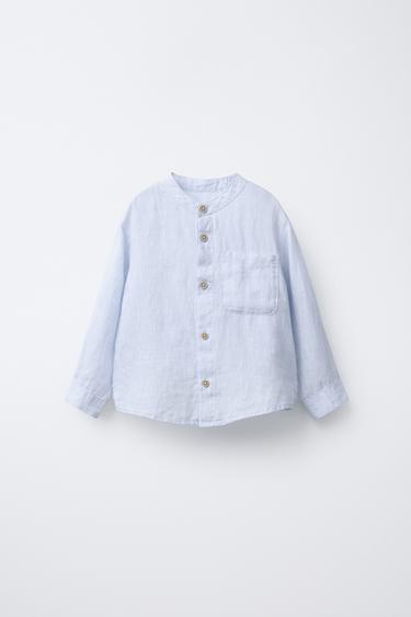 100% LINEN STAND COLLAR SHIRT - Blue by Zara