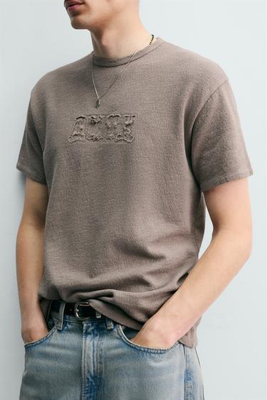 T-SHIRT EN MAILLE LAVÉE À PIÈCES - Gris taupe de Zara - Image 4