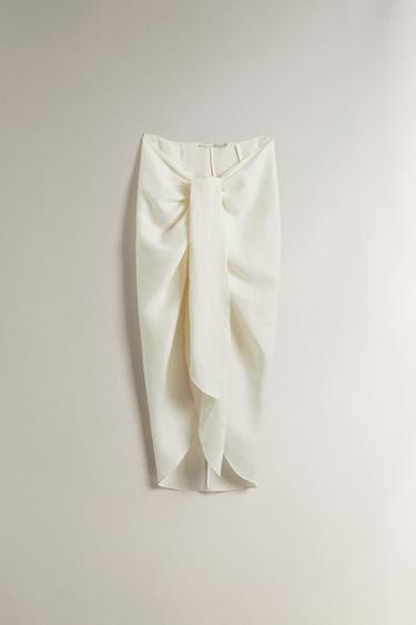 ДЪЛГО ЛЕНЕНО ПАРЕО ЗА ПЛАЖ С ВЪЗЕЛ - Екрю от Zara