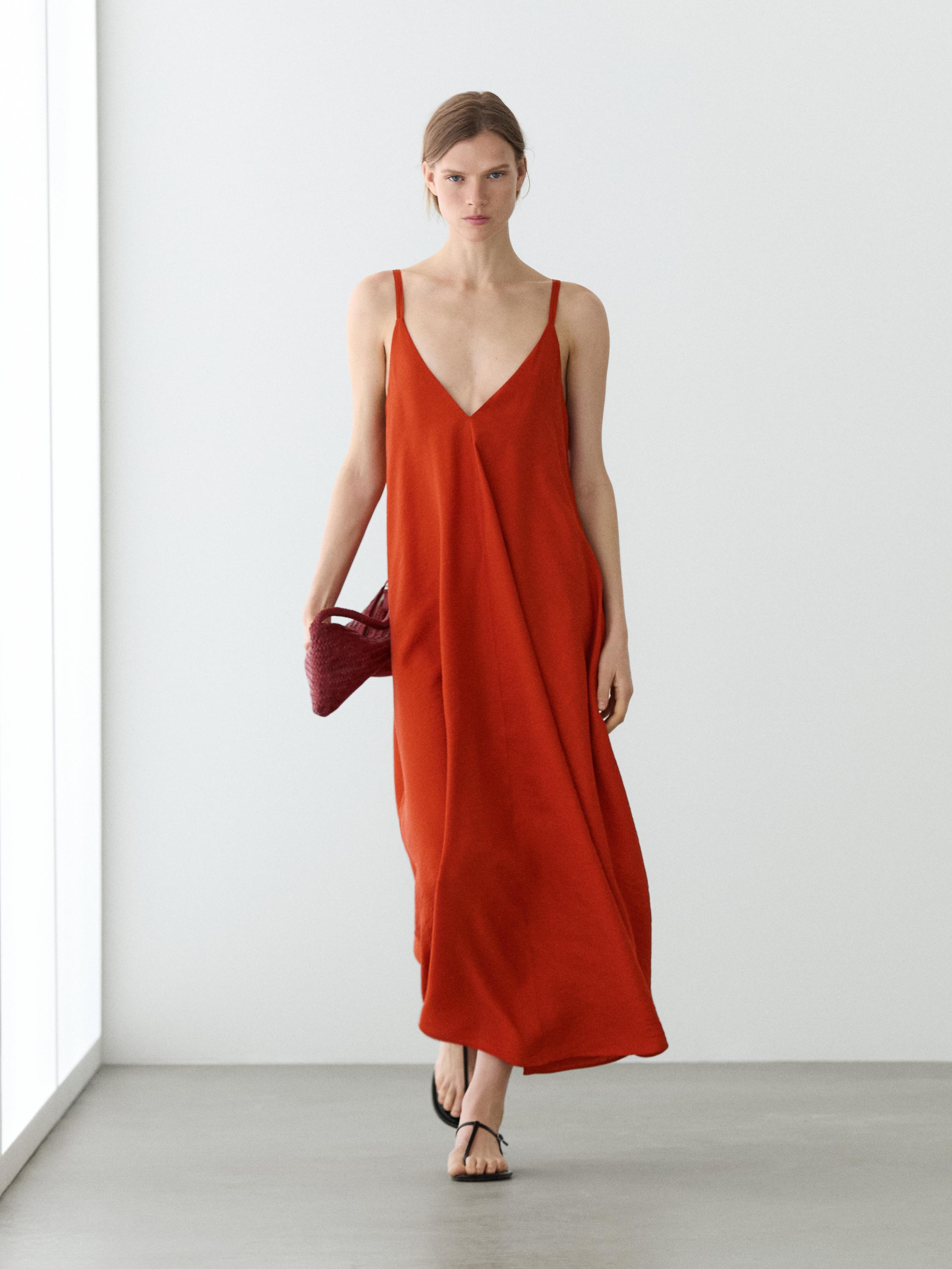 Long flowing dress with double fabric — Burnt orange