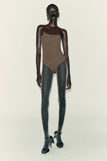 METALLIC THREAD BANDEAU BODYSUIT - Gold by Zara