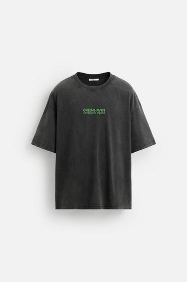Zara WASHED TEXT T-SHIRT - Anthracite grey