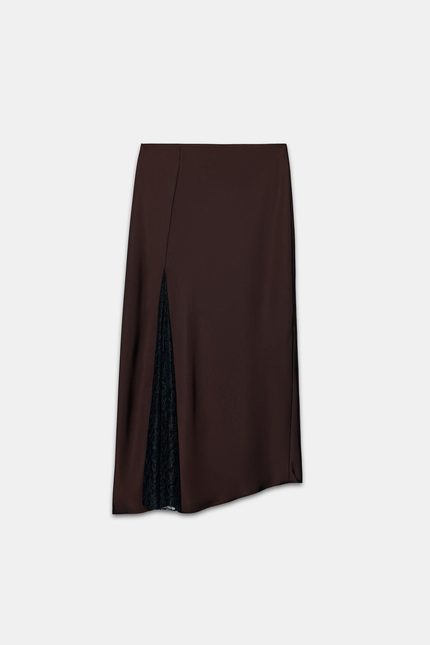Женская юбка Zara Combined Satin MIDI, цвет: Коричневый — фото 8