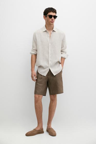 Zara 100% linen regular fit striped shirt - Brown - Image 0