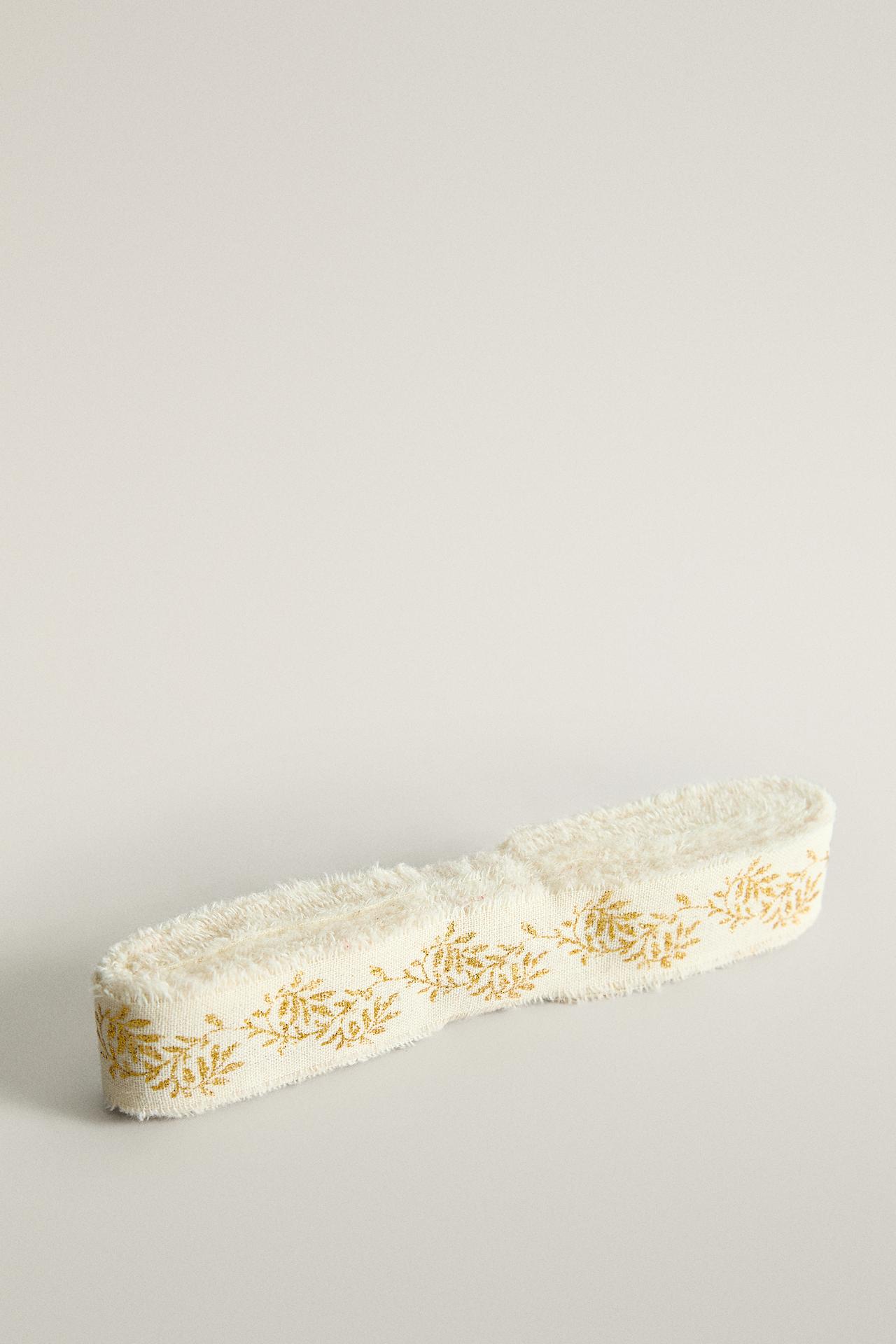 PRINTED COTTON CHRISTMAS GIFT RIBBON — Ecru