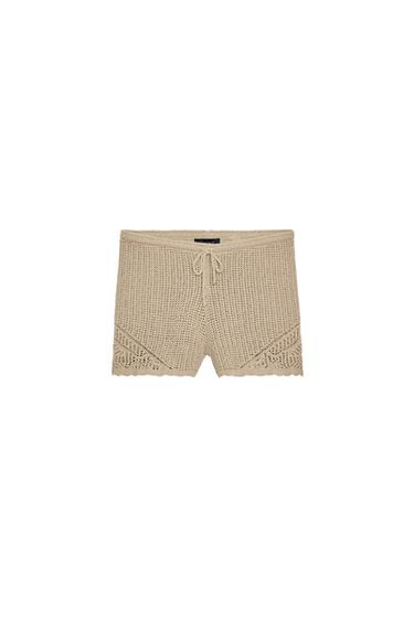 Zara POINTELLE KNIT SHORTS - taupe brown