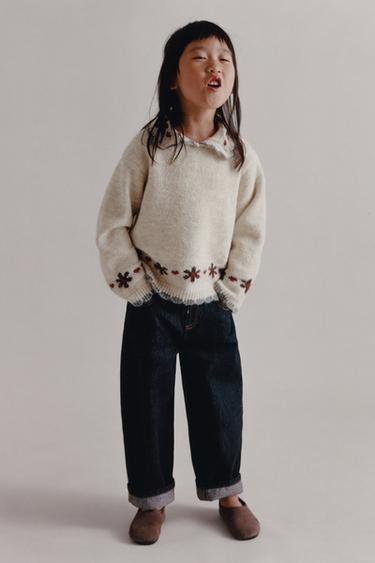 Zara EMBROIDERED PETER PAN COLLAR JUMPER - Ecru / Marl