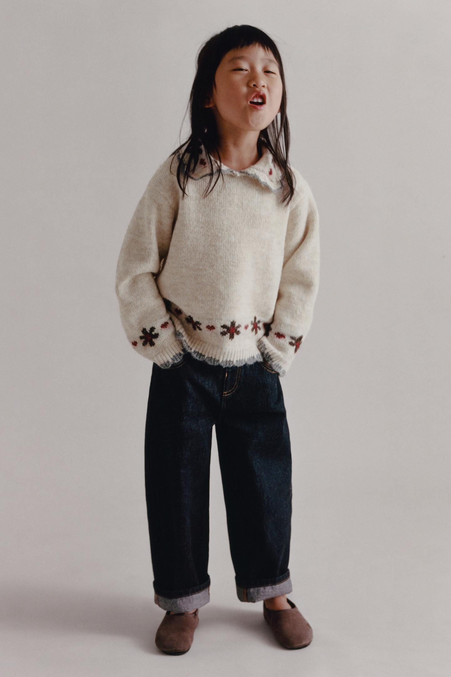 Детский свитер Zara Embroidered Peter Pan Collar Jumper, цвет: Экрю / Меланжевый — фото 1