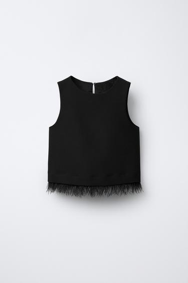 Zara TOP WITH REMOVABLE FEATHER APPLIQUÉ - Black