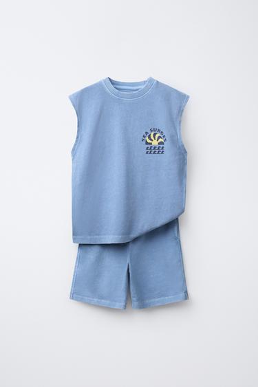 Zara GARMENT DYE SLEEVELESS T-SHIRT AND BERMUDA SET - Blue