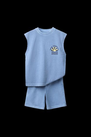 Zara GARMENT DYE SLEEVELESS T-SHIRT AND BERMUDA SET - Blue - Image 0