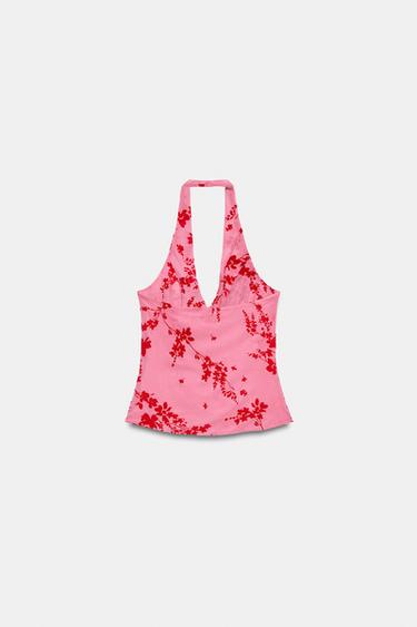 FLOCKED TULLE HALTER TOP - Mid-pink by Zara - Image 5