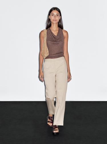 Zara Straight-leg cotton blend trousers - Beige
