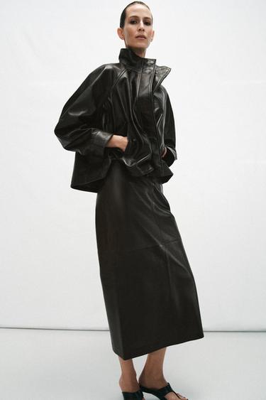 Zara ZW COLLECTION 100% LEATHER MIDI SKIRT - Brown - Image 0