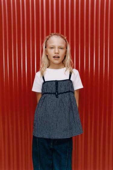CAMISETA COMBINADA BLUSA CUADROS - Marino de Zara