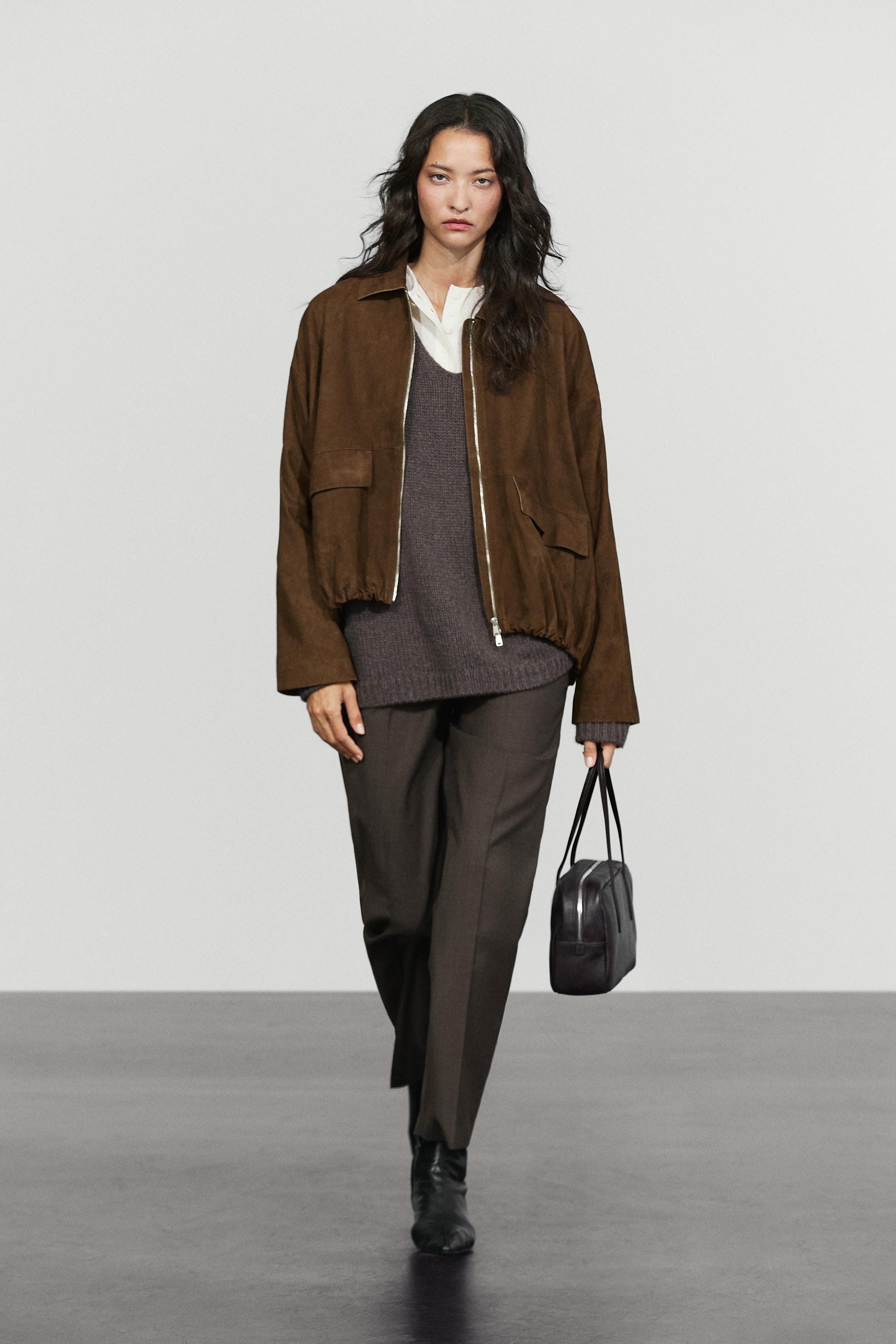 Blouson bomber oversize en cuir et daim