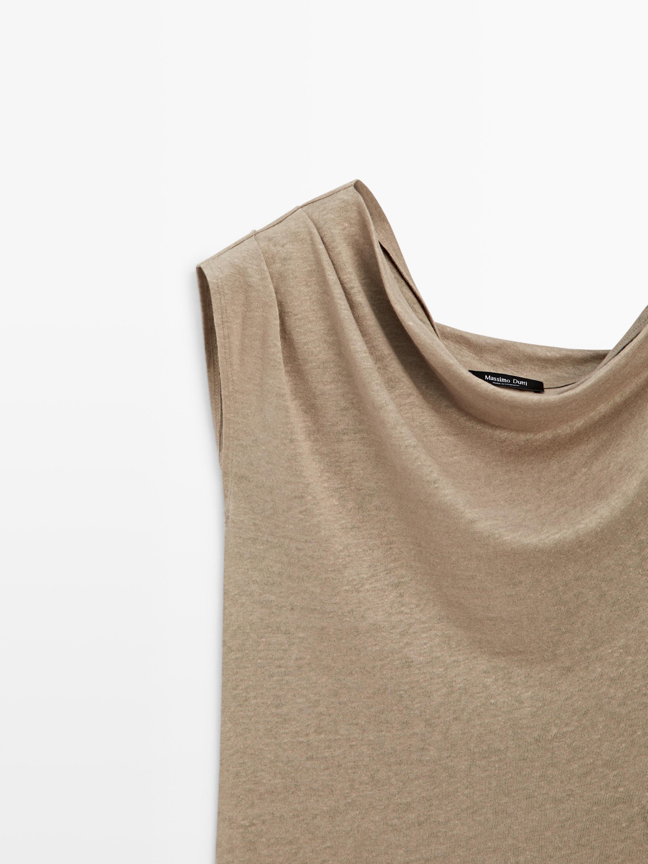 Asymmetric linen blend top with draped detail