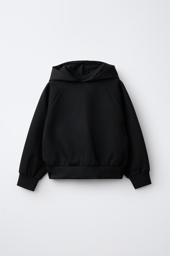 سويت شيرت بقبعة من قماش إنترلوك سادة - أسود الخاص بـ Zara - صورة 0