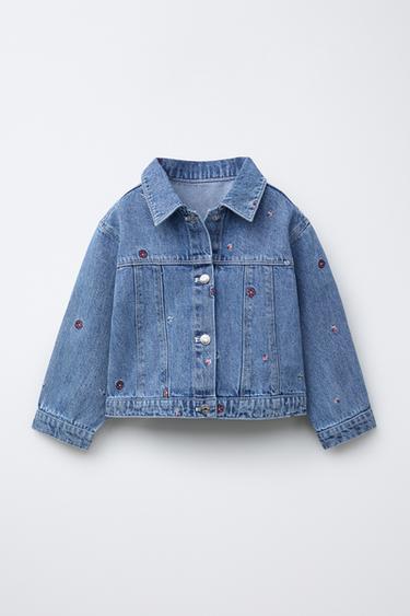 Zara EMBROIDERED DENIM JACKET - Mid-blue