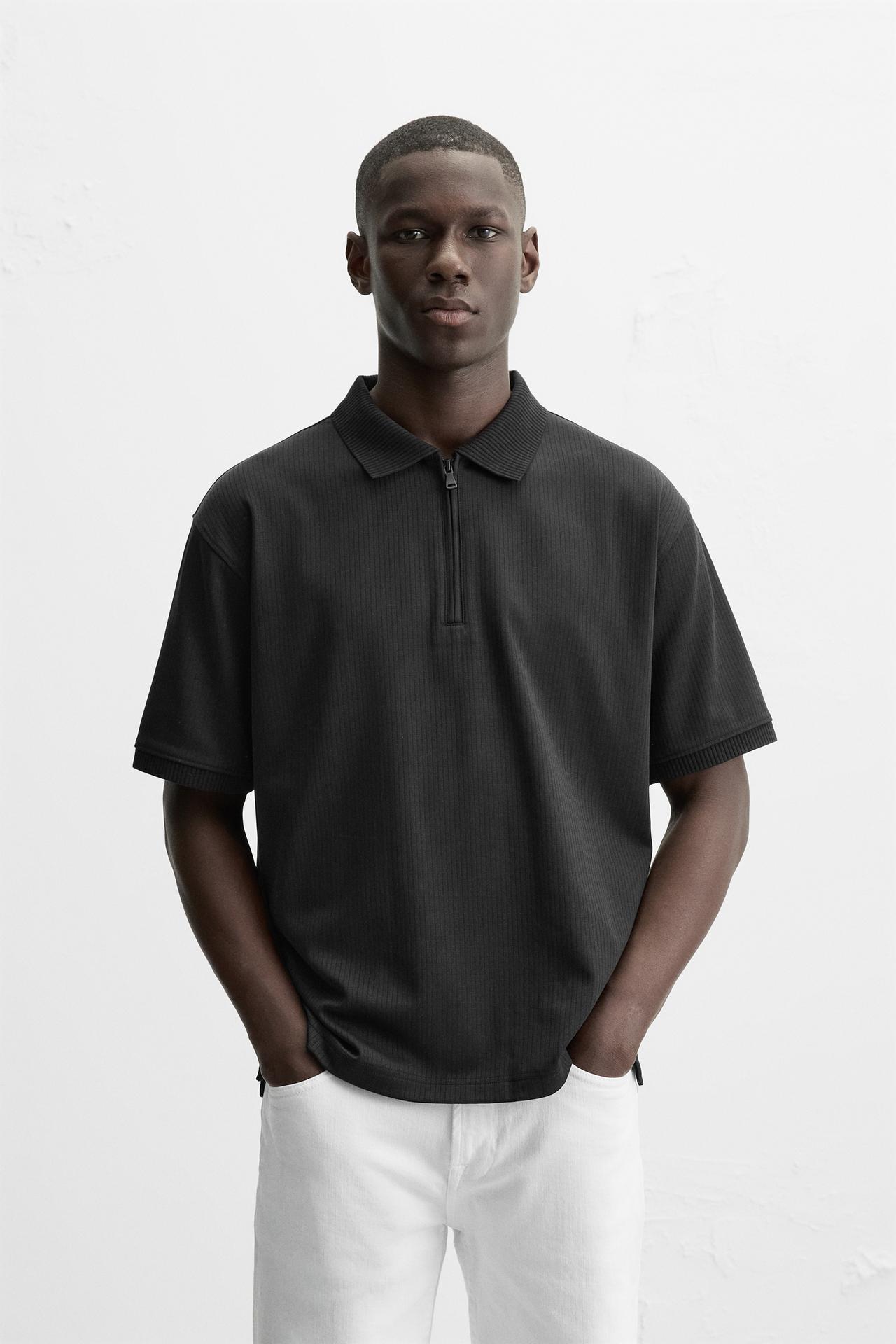 TEXTURED WEAVE QUARTER-ZIP POLO SHIRT - Black by Zara