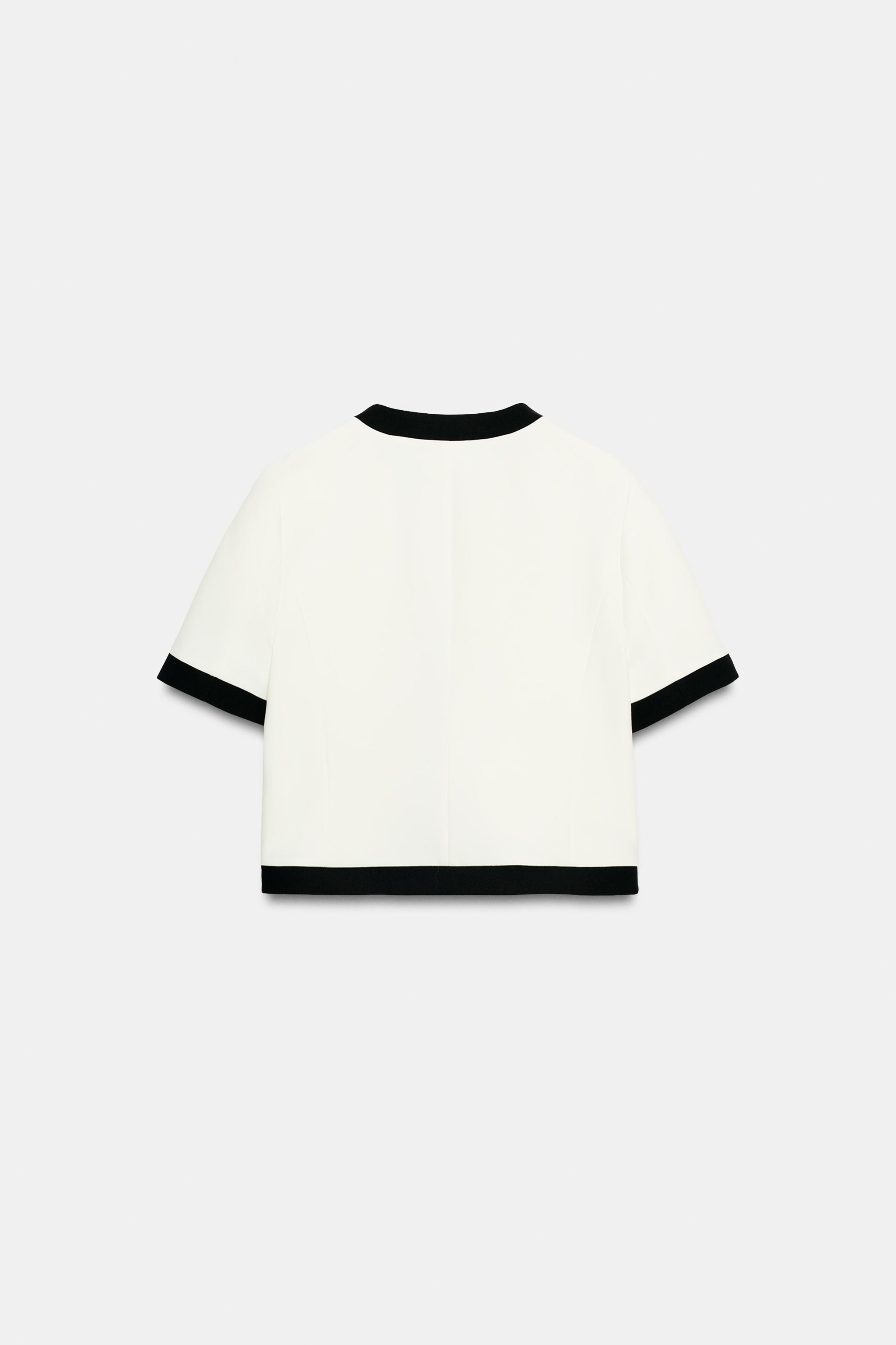 SHORT SLEEVE BLAZER WITH CONTRASTING PIPING