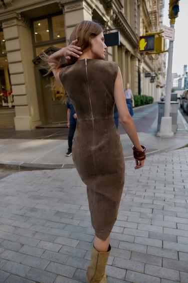 100% LEATHER MIDI DRESS - Khaki by Zara - Image 2