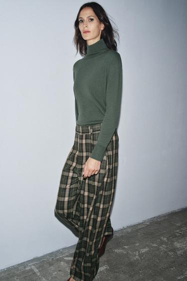 PANTALON À CARREAUX AVEC LAINE ZW COLLECTION - Marron foncé de Zara - Image 4