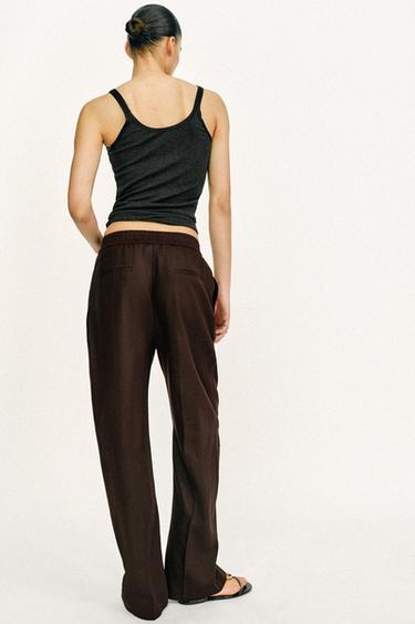 PANTALON DROIT AVEC LIN - Marron foncé de Zara - Image 4