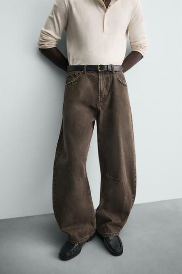 WASHED BARREL FIT TROUSERS - Brown by Zara