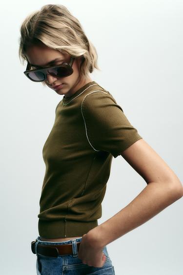 SHORT SLEEVE KNIT TOP WITH PIPED TRIMS - Khaki by Zara - Image 3