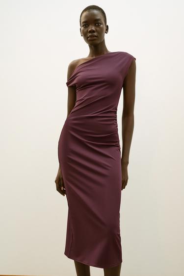 Zara ASYMMETRIC MIDI DRESS - Burgundy
