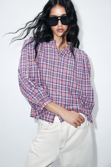 Zara PLAID ROUND NECK BLOUSE - Multicolored