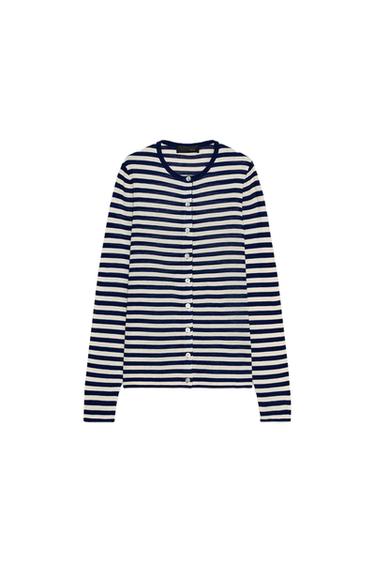 Zara STRIPED KNIT CARDIGAN - Ecru / Blue - Image 0