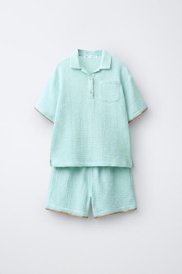AGES 6-14 / TEXTURED PYJAMAS WITH POCKET - Sea green by Zara