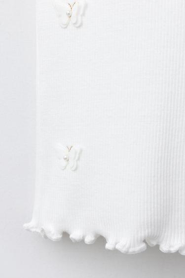 T-SHIRT CÔTELÉ PAPILLONS ET FLEURS - Blanc de Zara - Image 3