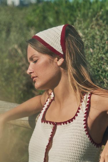 Zara CONTRASTING KNIT BANDANA - Light beige