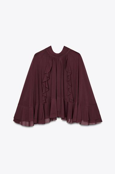 RUFFLED CAPE WITH TIE FASTENING - Burgundy by Zara - Image 0